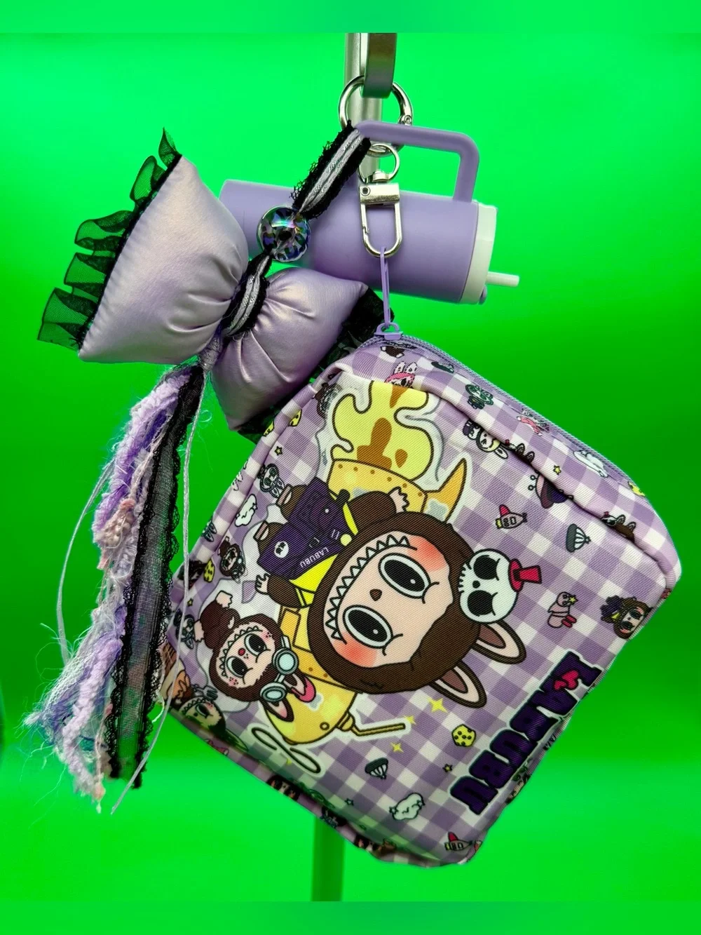 Purple Labubu Cartoon  Bag with Bow Charm
